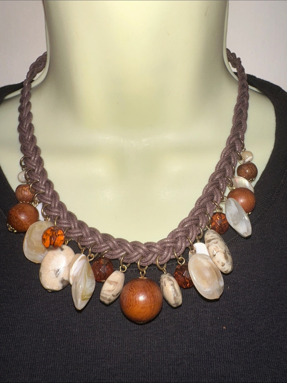 Brown Braided Cord  Statement Necklace with Natural Stone & Wood Beads